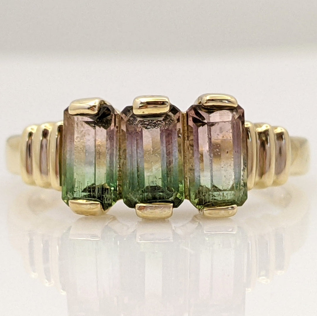 14K WATERMELON TOURMALINE EMERALD CUT (3) 3.5X5.5 ESTATE RING 2.5 GRAMS