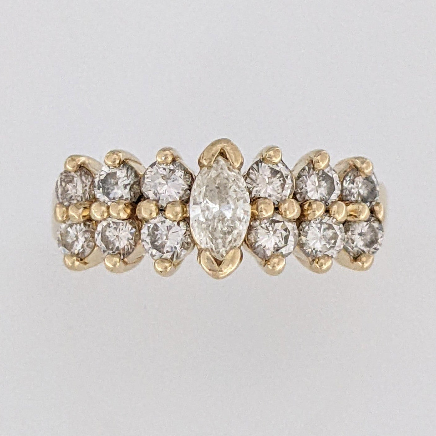 14K .95 CARAT TOTAL WEIGHT SI1 I DIAMOND MARQUISE (1) ROUND (12) 2-ROW ...