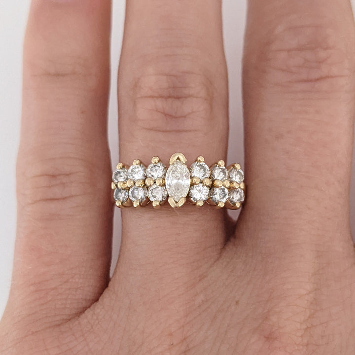14K .95 CARAT TOTAL WEIGHT SI1 I DIAMOND MARQUISE (1) ROUND (12) 2-ROW ESTATE BAND 3.2 GRAMS