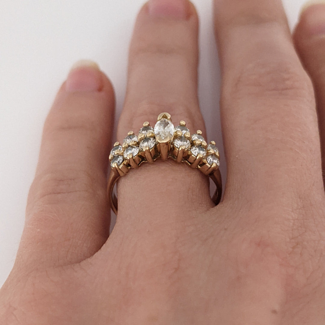 14K .95 CARAT TOTAL WEIGHT SI1 I DIAMOND MARQUISE (1) ROUND (12) 2-ROW ESTATE BAND 3.2 GRAMS