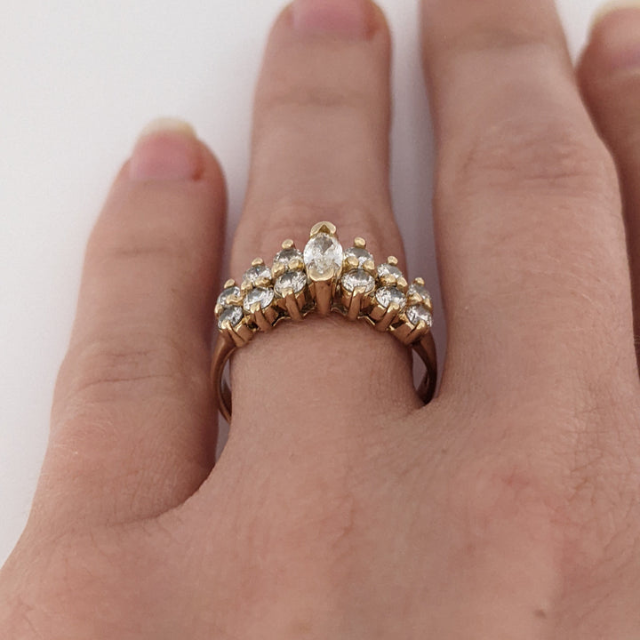 14K .95 CARAT TOTAL WEIGHT SI1 I DIAMOND MARQUISE (1) ROUND (12) 2-ROW ESTATE BAND 3.2 GRAMS