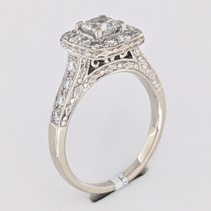 14K WHITE 1.43 CARAT TOTAL WEIGHT I1 I DIAMOND PRINCESS CUT (1) ROUND (21) ESTATE HALO RING 5.4 GRAMS
