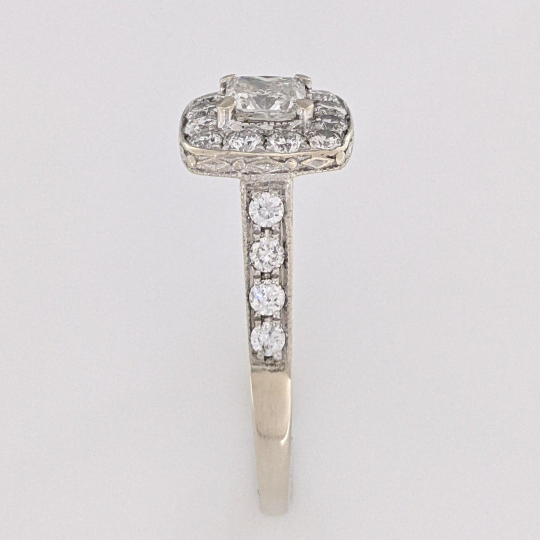 14K WHITE 1.43 CARAT TOTAL WEIGHT I1 I DIAMOND PRINCESS CUT (1) ROUND (21) ESTATE HALO RING 5.4 GRAMS