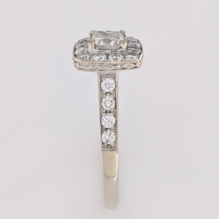 14K WHITE 1.43 CARAT TOTAL WEIGHT I1 I DIAMOND PRINCESS CUT (1) ROUND (21) ESTATE HALO RING 5.4 GRAMS