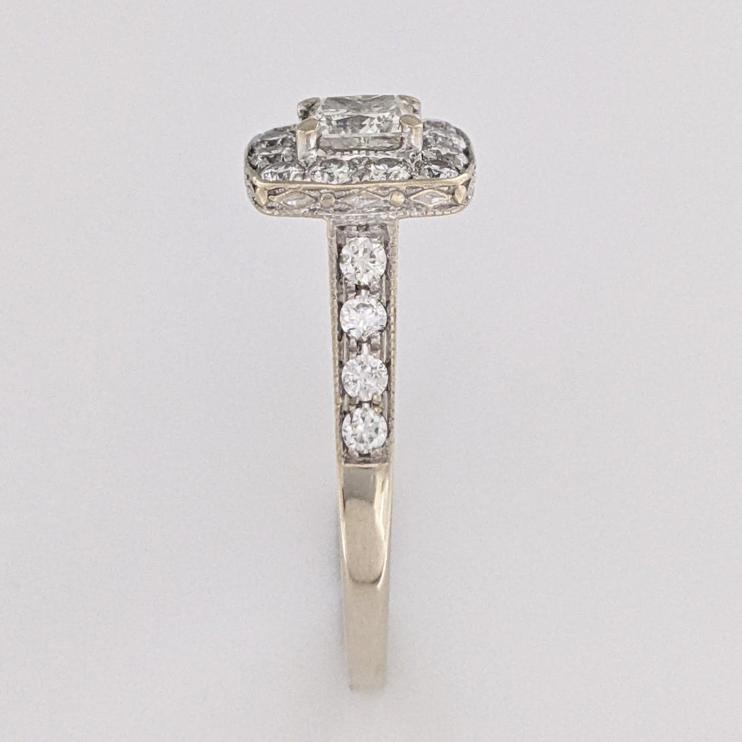 14K WHITE 1.43 CARAT TOTAL WEIGHT I1 I DIAMOND PRINCESS CUT (1) ROUND (21) ESTATE HALO RING 5.4 GRAMS