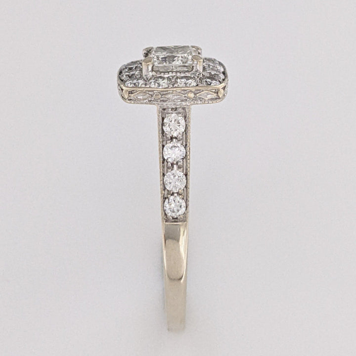 14K WHITE 1.43 CARAT TOTAL WEIGHT I1 I DIAMOND PRINCESS CUT (1) ROUND (21) ESTATE HALO RING 5.4 GRAMS
