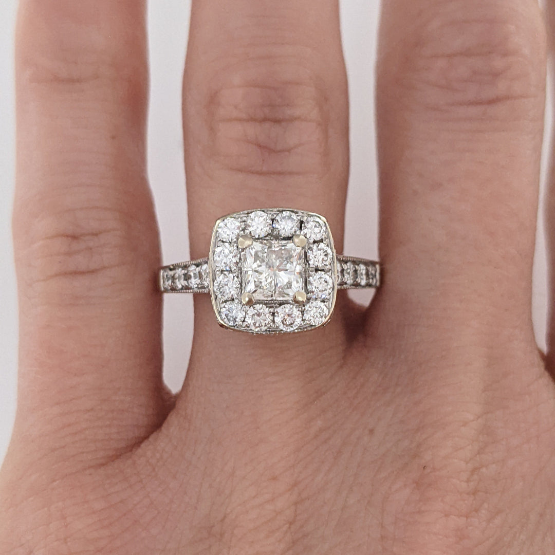 14K WHITE 1.43 CARAT TOTAL WEIGHT I1 I DIAMOND PRINCESS CUT (1) ROUND (21) ESTATE HALO RING 5.4 GRAMS