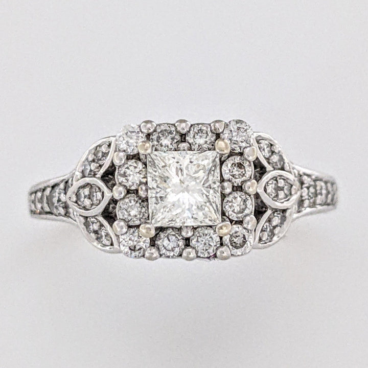 14K WHITE .91 CARAT TOTAL WEIGHT SI2 H DIAMOND PRINCESS CUT (1) ROUND (74) ESTATE HALO RING 5.2 GRAMS
