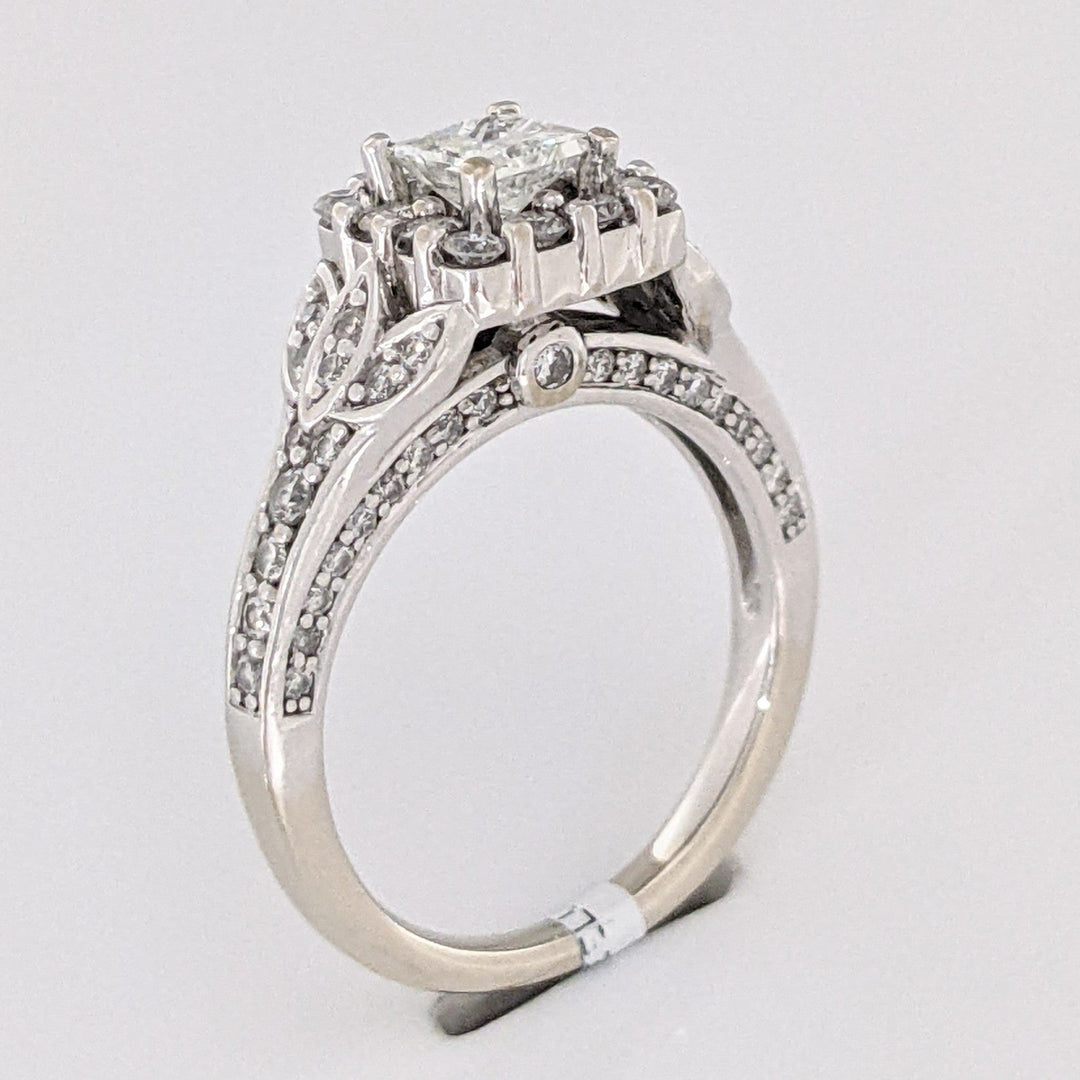14K WHITE .91 CARAT TOTAL WEIGHT SI2 H DIAMOND PRINCESS CUT (1) ROUND (74) ESTATE HALO RING 5.2 GRAMS
