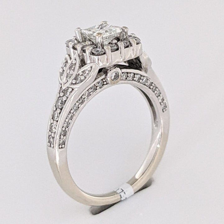 14K WHITE .91 CARAT TOTAL WEIGHT SI2 H DIAMOND PRINCESS CUT (1) ROUND (74) ESTATE HALO RING 5.2 GRAMS