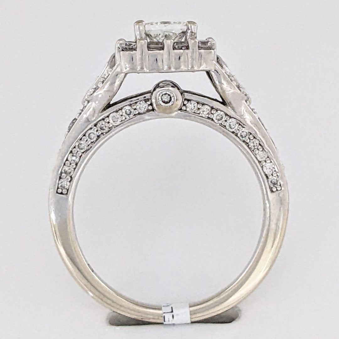 14K WHITE .91 CARAT TOTAL WEIGHT SI2 H DIAMOND PRINCESS CUT (1) ROUND (74) ESTATE HALO RING 5.2 GRAMS
