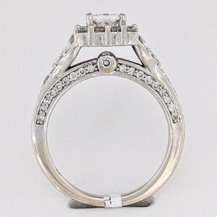 14K WHITE .91 CARAT TOTAL WEIGHT SI2 H DIAMOND PRINCESS CUT (1) ROUND (74) ESTATE HALO RING 5.2 GRAMS