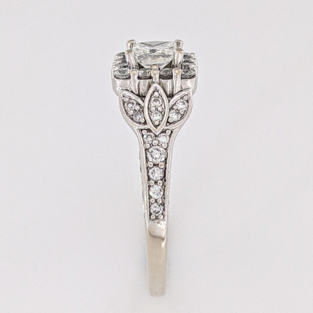 14K WHITE .91 CARAT TOTAL WEIGHT SI2 H DIAMOND PRINCESS CUT (1) ROUND (74) ESTATE HALO RING 5.2 GRAMS