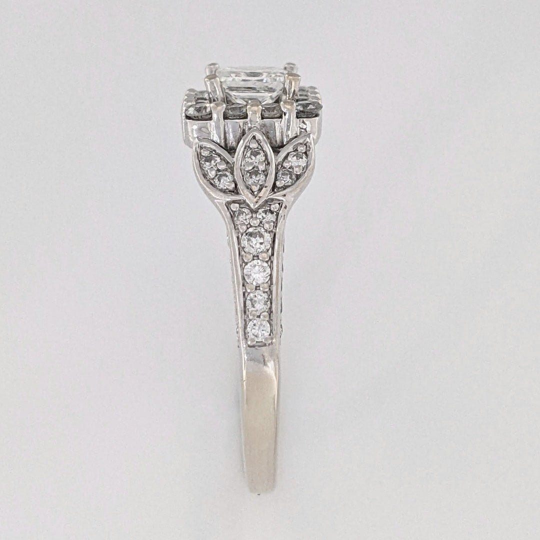 14K WHITE .91 CARAT TOTAL WEIGHT SI2 H DIAMOND PRINCESS CUT (1) ROUND (74) ESTATE HALO RING 5.2 GRAMS