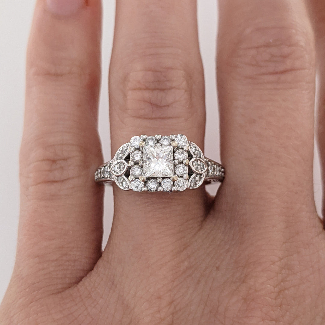 14K WHITE .91 CARAT TOTAL WEIGHT SI2 H DIAMOND PRINCESS CUT (1) ROUND (74) ESTATE HALO RING 5.2 GRAMS
