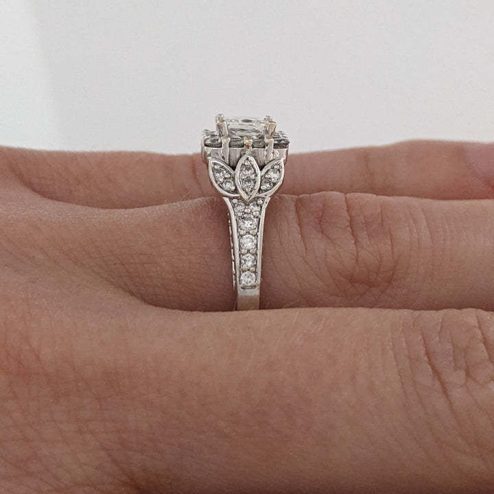 14K WHITE .91 CARAT TOTAL WEIGHT SI2 H DIAMOND PRINCESS CUT (1) ROUND (74) ESTATE HALO RING 5.2 GRAMS