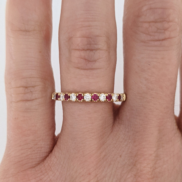 14K RUBY ROUND (6) WITH .17 DIAMOND TOTAL WEIGHT (7) ROUND ESTATE BAND 2.7 GRAMS