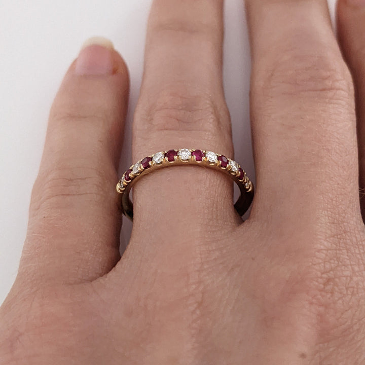 14K RUBY ROUND (6) WITH .17 DIAMOND TOTAL WEIGHT (7) ROUND ESTATE BAND 2.7 GRAMS