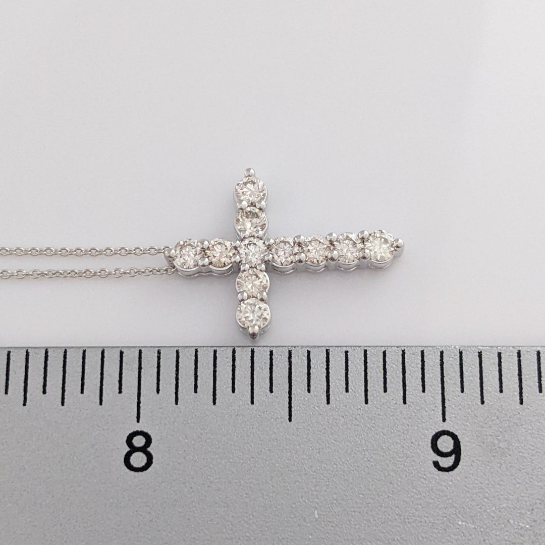 14K WHITE .72 CARAT TOTAL WEIGHT SI2 L DIAMOND ROUND (11) ESTATE CROSS PENDANT & CHAIN 3.2 GRAMS