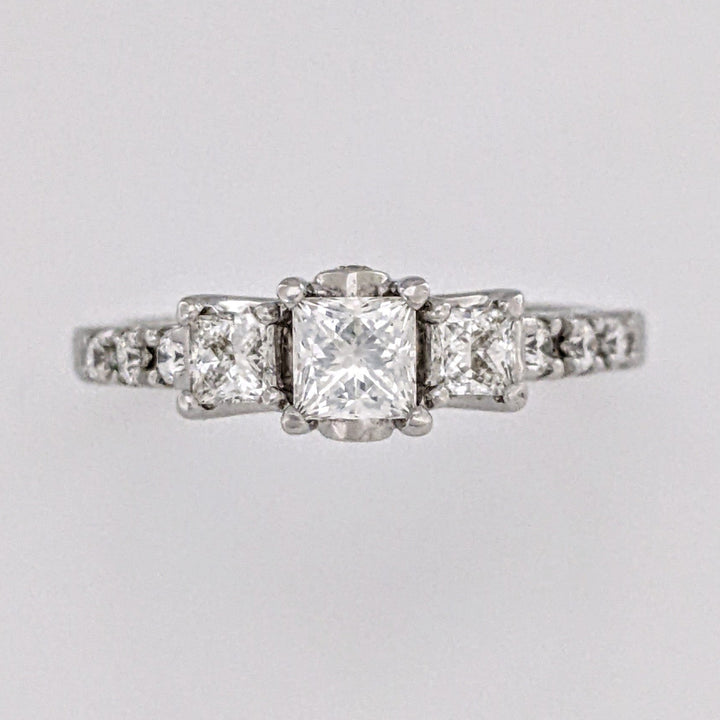 14K WHITE .97 CARAT TOTAL WEIGHT SI2 H DIAMOND PRINCESS CUT (3) ROUND (8) ESTATE HALO LEO RING 4.8 GRAMS