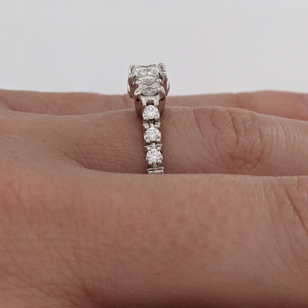 14K WHITE .97 CARAT TOTAL WEIGHT SI2 H DIAMOND PRINCESS CUT (3) ROUND (8) ESTATE HALO LEO RING 4.8 GRAMS
