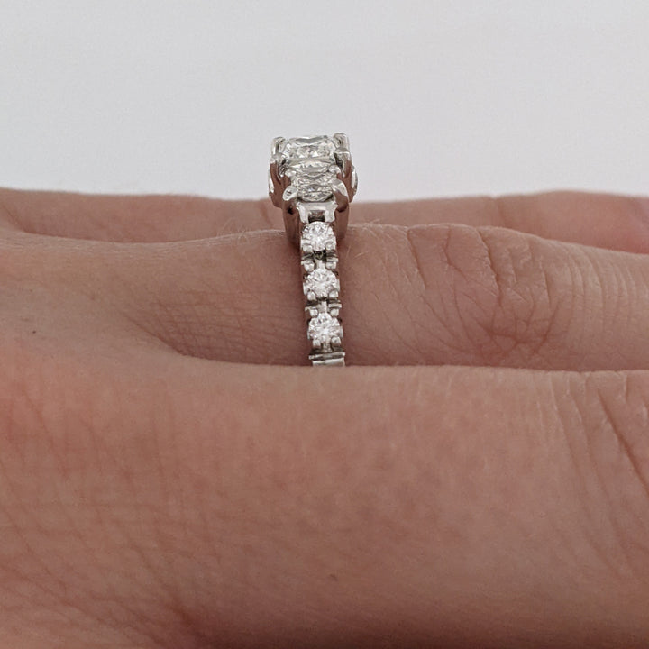 14K WHITE .97 CARAT TOTAL WEIGHT SI2 H DIAMOND PRINCESS CUT (3) ROUND (8) ESTATE HALO LEO RING 4.8 GRAMS