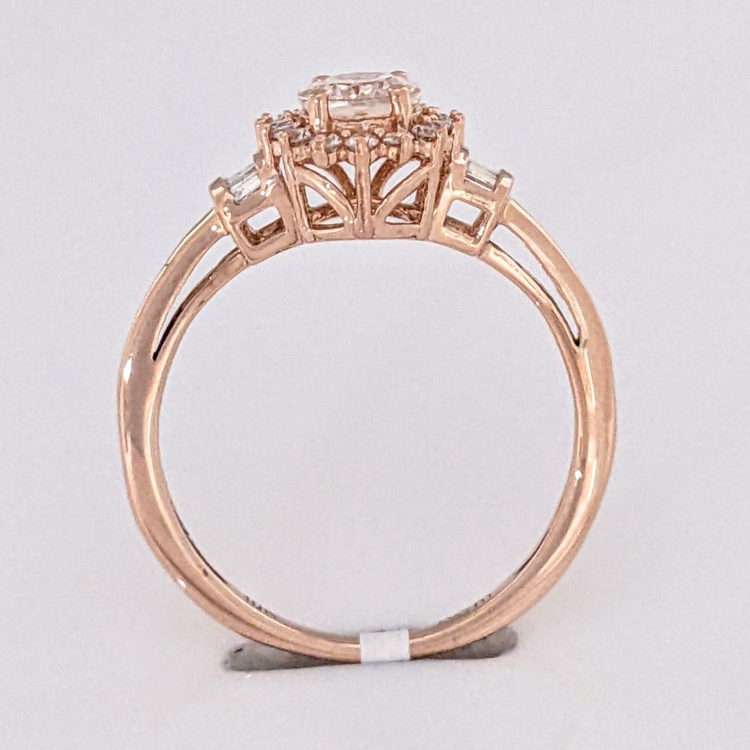 10K ROSE MORGANITE OVAL 5X7 WITH (16) ROUND (8) BAGUETTE .21 DIAMOND TOTAL WEIGHT ESTATE RING 1.8 GRAMS