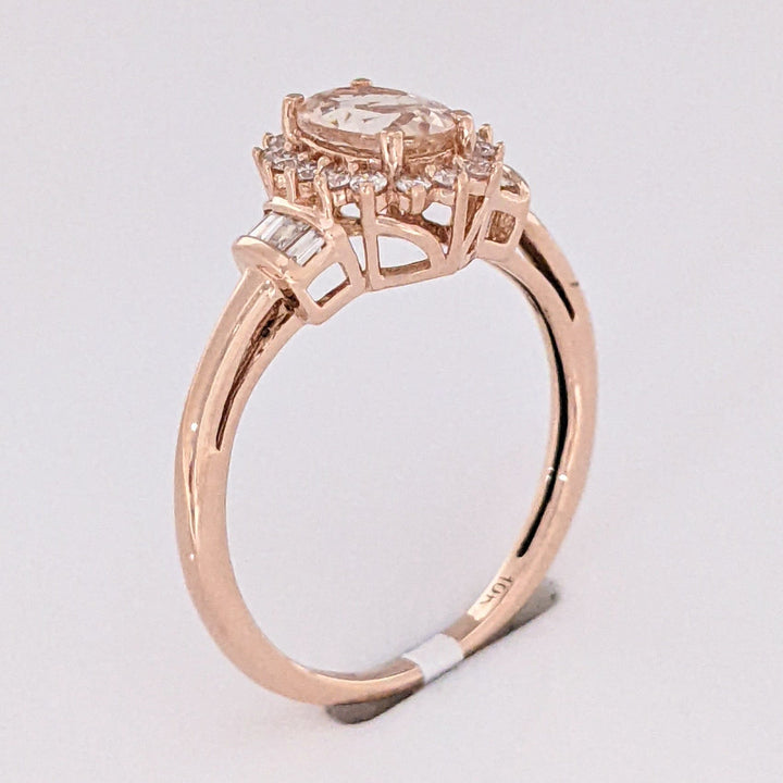 10K ROSE MORGANITE OVAL 5X7 WITH (16) ROUND (8) BAGUETTE .21 DIAMOND TOTAL WEIGHT ESTATE RING 1.8 GRAMS