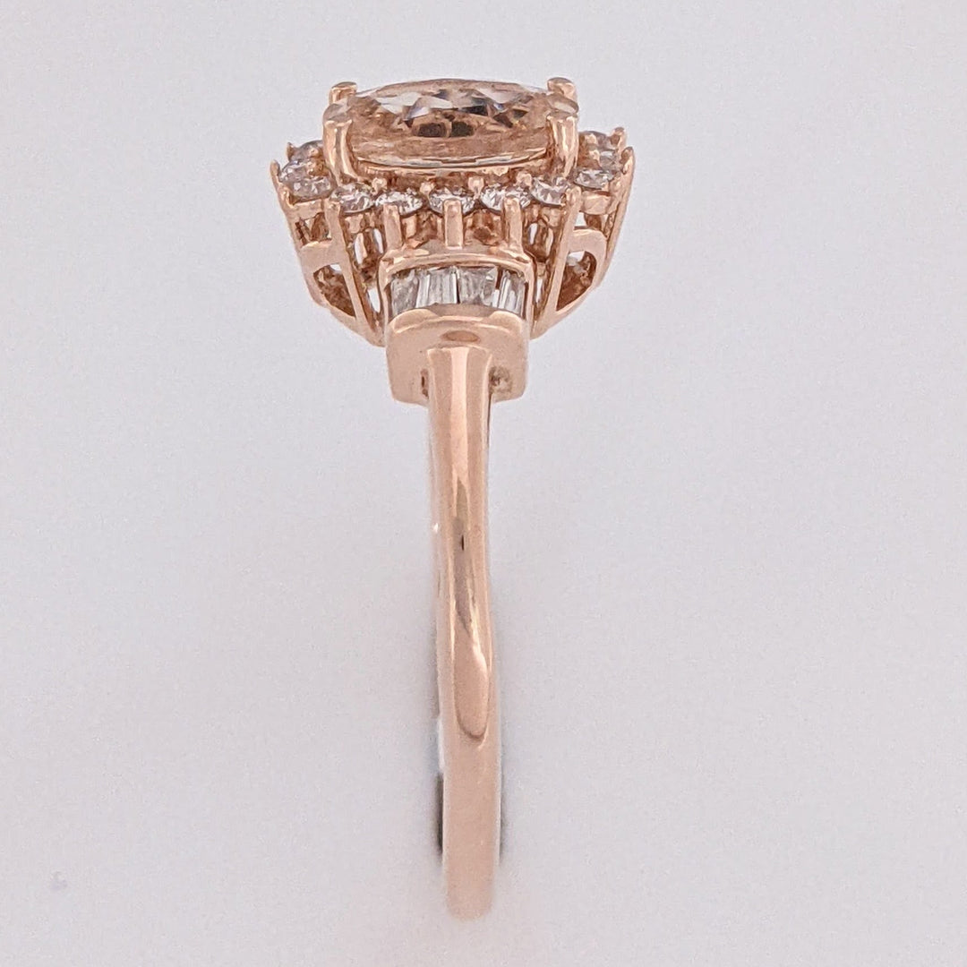 10K ROSE MORGANITE OVAL 5X7 WITH (16) ROUND (8) BAGUETTE .21 DIAMOND TOTAL WEIGHT ESTATE RING 1.8 GRAMS
