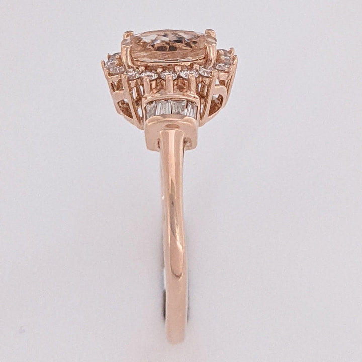 10K ROSE MORGANITE OVAL 5X7 WITH (16) ROUND (8) BAGUETTE .21 DIAMOND TOTAL WEIGHT ESTATE RING 1.8 GRAMS