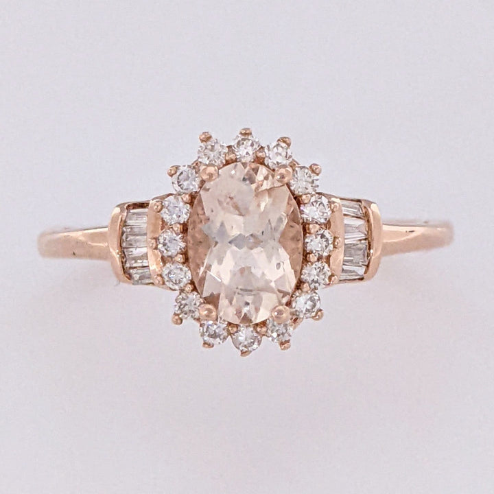 10K ROSE MORGANITE OVAL 5X7 WITH (16) ROUND (8) BAGUETTE .21 DIAMOND TOTAL WEIGHT ESTATE RING 1.8 GRAMS