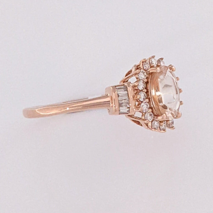 10K ROSE MORGANITE OVAL 5X7 WITH (16) ROUND (8) BAGUETTE .21 DIAMOND TOTAL WEIGHT ESTATE RING 1.8 GRAMS