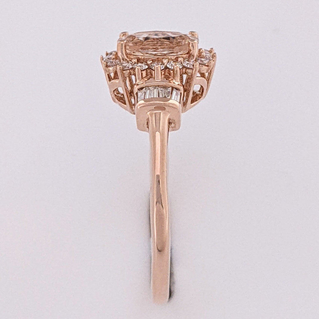 10K ROSE MORGANITE OVAL 5X7 WITH (16) ROUND (8) BAGUETTE .21 DIAMOND TOTAL WEIGHT ESTATE RING 1.8 GRAMS