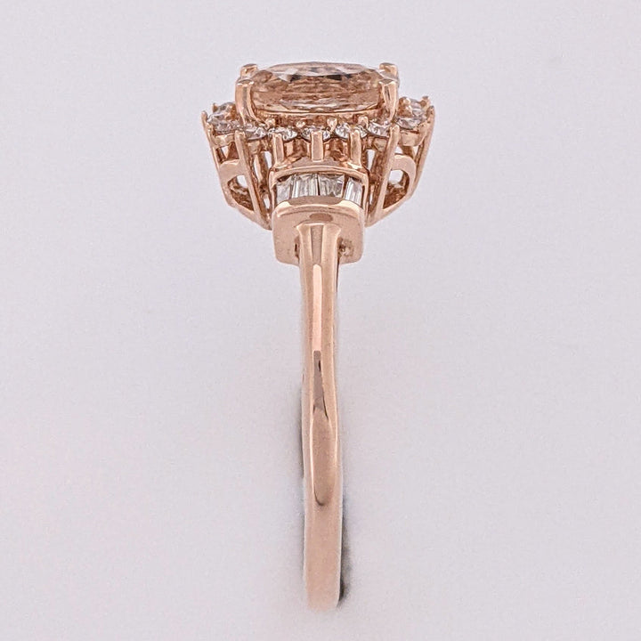10K ROSE MORGANITE OVAL 5X7 WITH (16) ROUND (8) BAGUETTE .21 DIAMOND TOTAL WEIGHT ESTATE RING 1.8 GRAMS