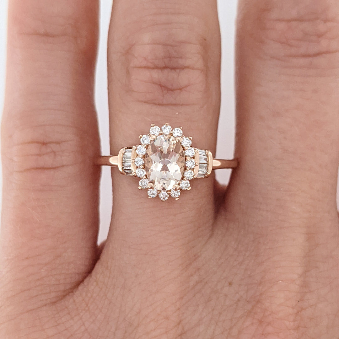 10K ROSE MORGANITE OVAL 5X7 WITH (16) ROUND (8) BAGUETTE .21 DIAMOND TOTAL WEIGHT ESTATE RING 1.8 GRAMS