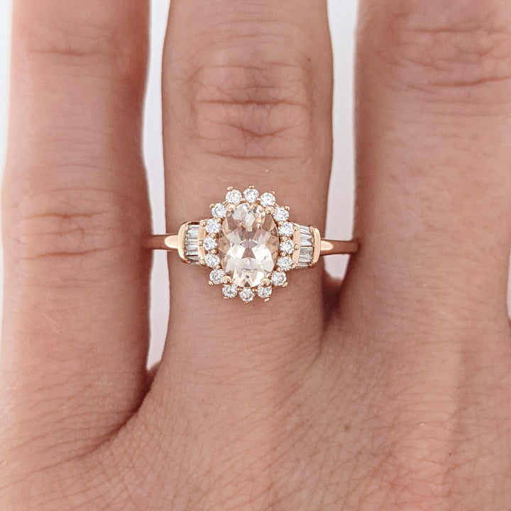 10K ROSE MORGANITE OVAL 5X7 WITH (16) ROUND (8) BAGUETTE .21 DIAMOND TOTAL WEIGHT ESTATE RING 1.8 GRAMS