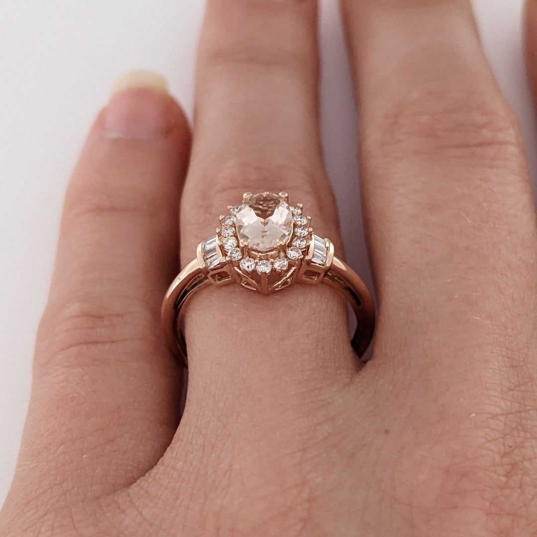 10K ROSE MORGANITE OVAL 5X7 WITH (16) ROUND (8) BAGUETTE .21 DIAMOND TOTAL WEIGHT ESTATE RING 1.8 GRAMS