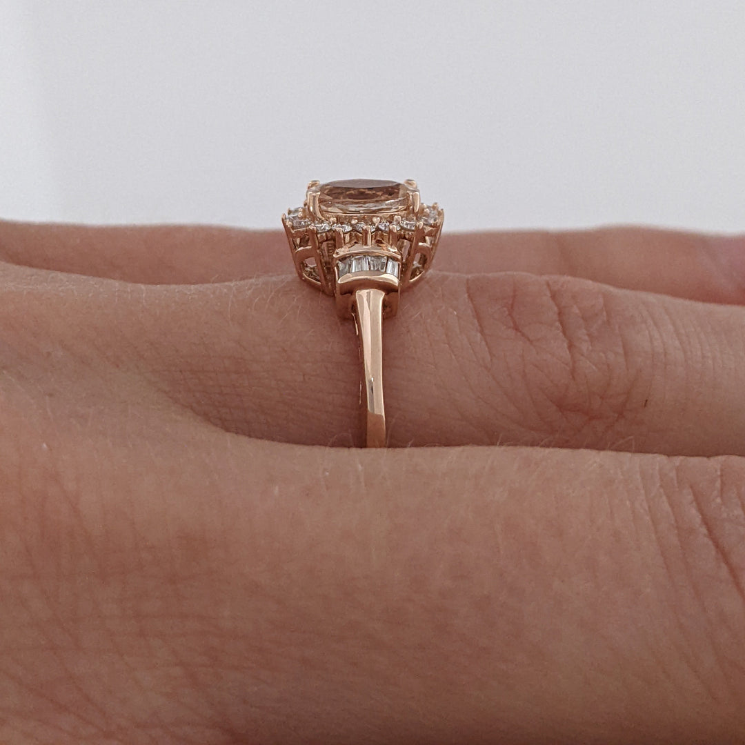 10K ROSE MORGANITE OVAL 5X7 WITH (16) ROUND (8) BAGUETTE .21 DIAMOND TOTAL WEIGHT ESTATE RING 1.8 GRAMS