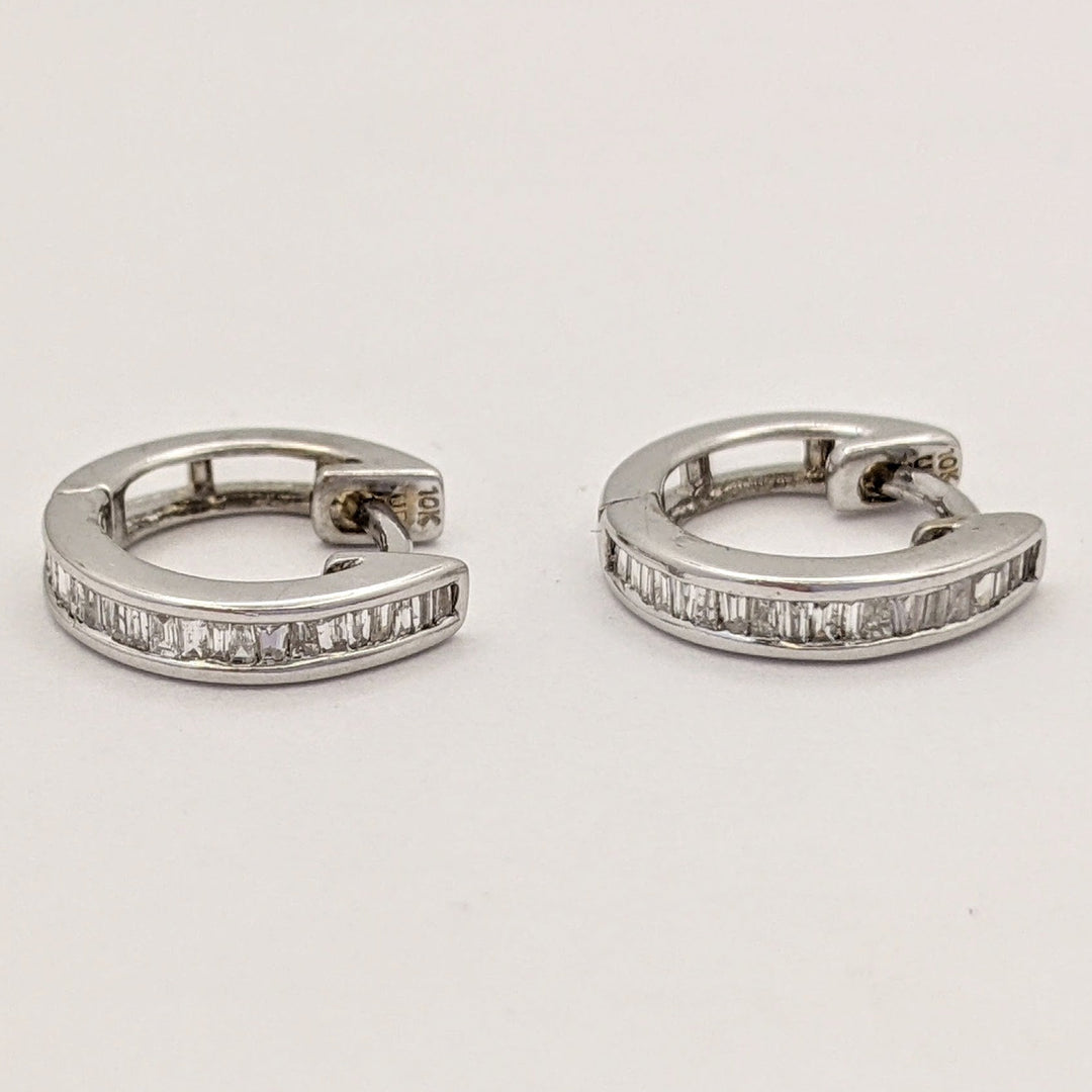 10K WHITE DIAMOND ROUND BAGUETTE CHANNEL SET ESTATE HOOP EARRINGS 1.6 GRAMS