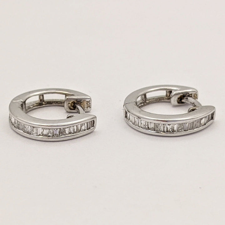 10K WHITE DIAMOND ROUND BAGUETTE CHANNEL SET ESTATE HOOP EARRINGS 1.6 GRAMS