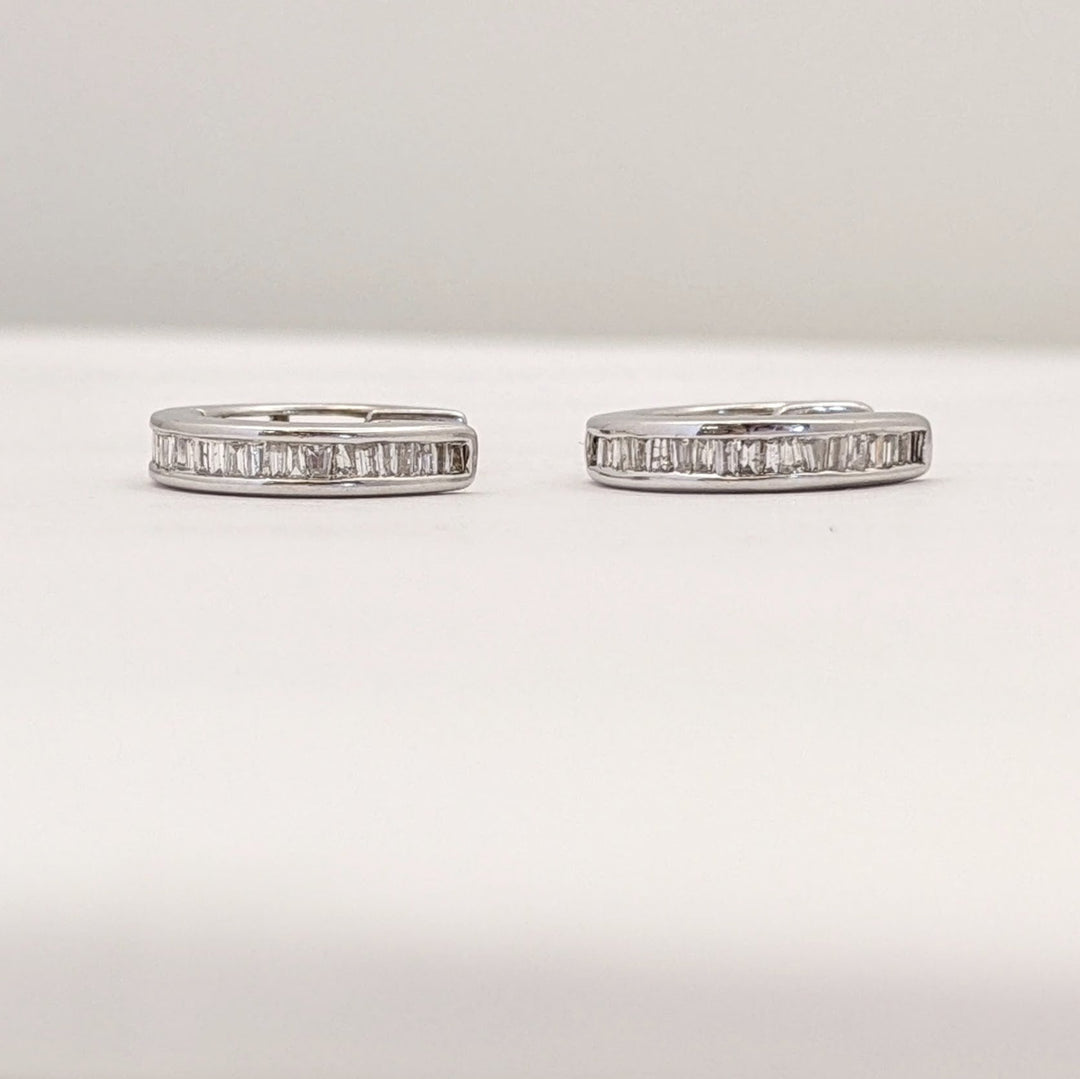 10K WHITE DIAMOND ROUND BAGUETTE CHANNEL SET ESTATE HOOP EARRINGS 1.6 GRAMS
