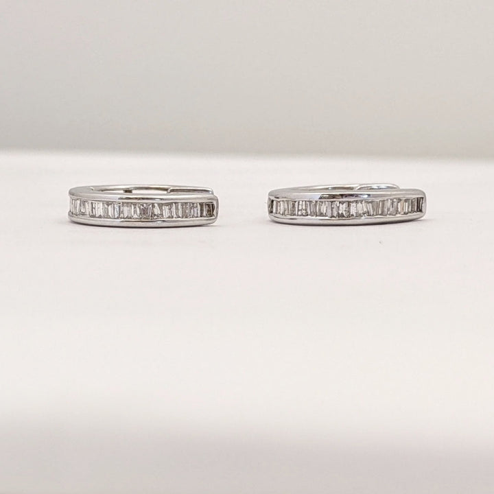 10K WHITE DIAMOND ROUND BAGUETTE CHANNEL SET ESTATE HOOP EARRINGS 1.6 GRAMS