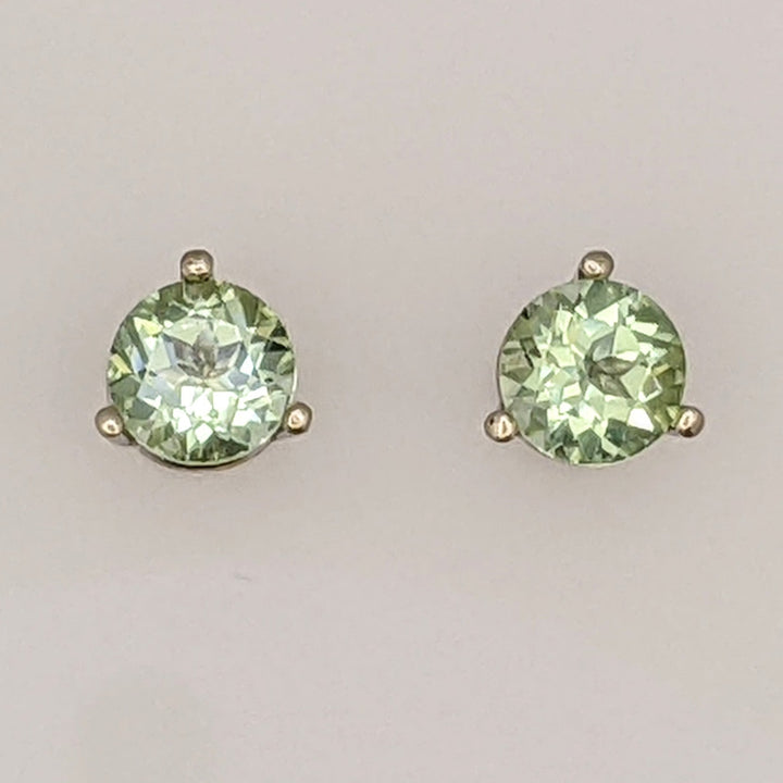 14K WHITE LIGHT GREEN TOURMALINE ROUND 6.5MM ESTATE STUD EARRINGS 1.8 GRAMS