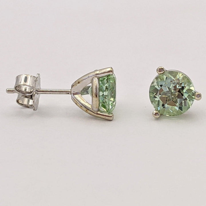 14K WHITE LIGHT GREEN TOURMALINE ROUND 6.5MM ESTATE STUD EARRINGS 1.8 GRAMS