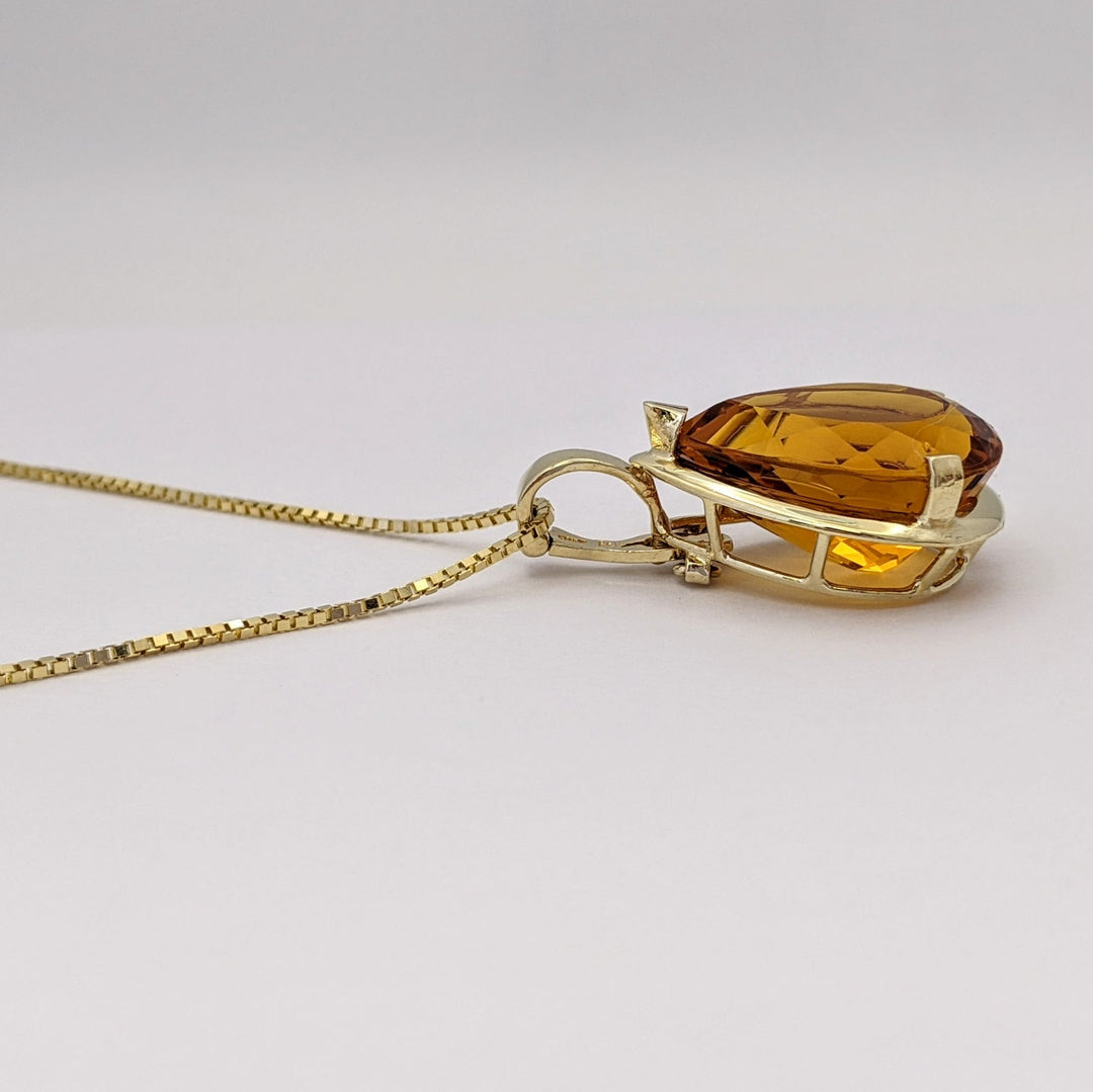 14K CITRINE PEAR 15X19 ESTATE PENDANT & CHAIN 9.2 GRAMS