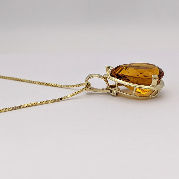 14K CITRINE PEAR 15X19 ESTATE PENDANT & CHAIN 9.2 GRAMS
