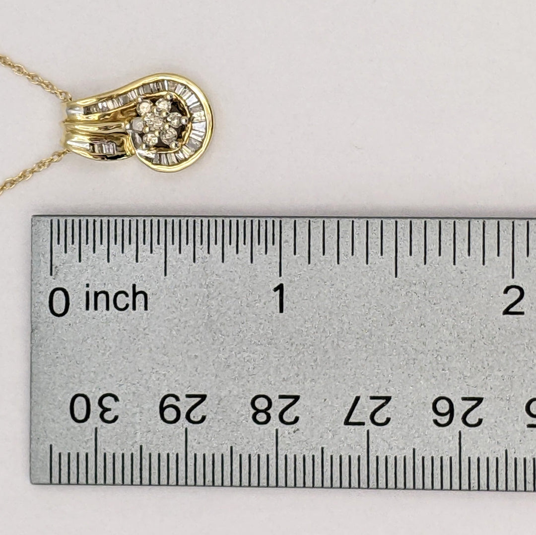 10K .50 CARAT TOTAL WEIGHT I1 K DIAMOND ROUND (7) BAGUETTE (28) ESTATE CLUSTER PENDANT & CHAIN 3.6 GRAMS