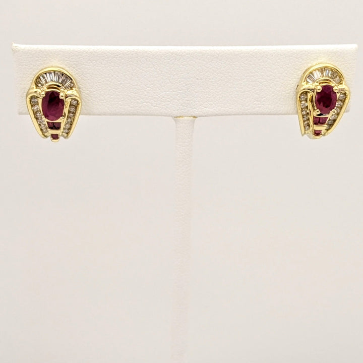 14K RUBY OVAL 4X6 (2) BAGUETTE (6) DIAMOND ROUND (24) BAGUETTE (12) OMEGA ESTATE EARRINGS 6.6 GRAMS