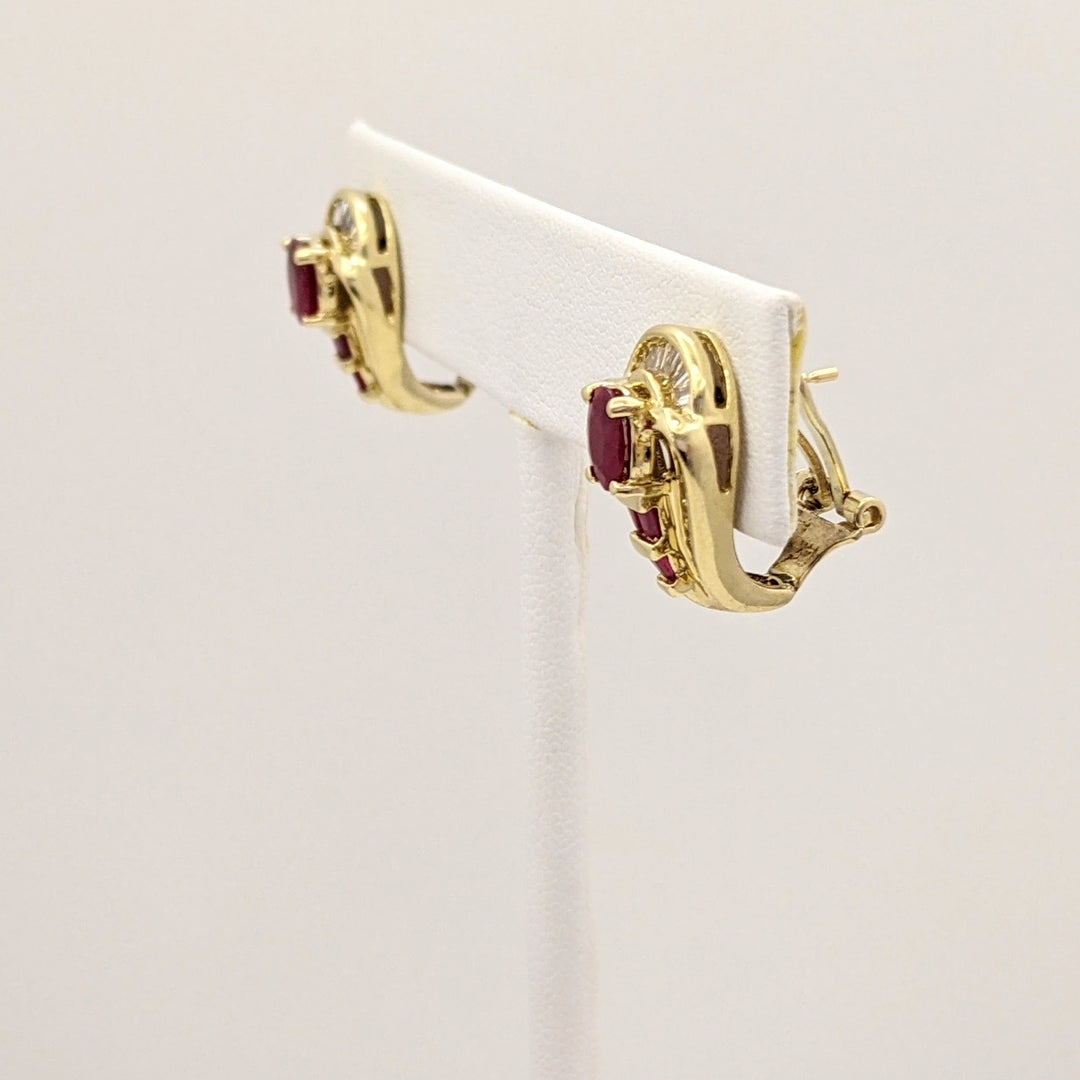 14K RUBY OVAL 4X6 (2) BAGUETTE (6) DIAMOND ROUND (24) BAGUETTE (12) OMEGA ESTATE EARRINGS 6.6 GRAMS