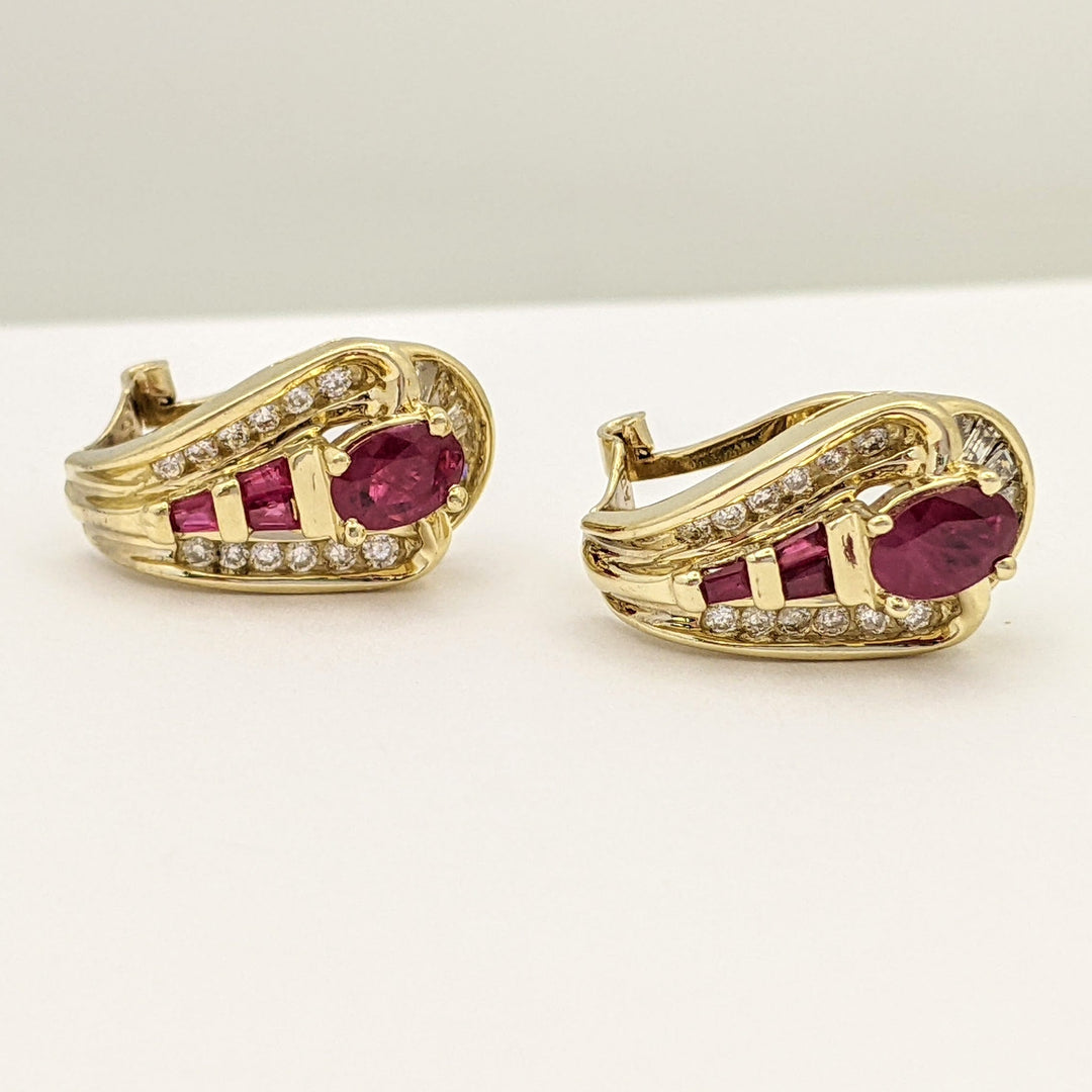 14K RUBY OVAL 4X6 (2) BAGUETTE (6) DIAMOND ROUND (24) BAGUETTE (12) OMEGA ESTATE EARRINGS 6.6 GRAMS